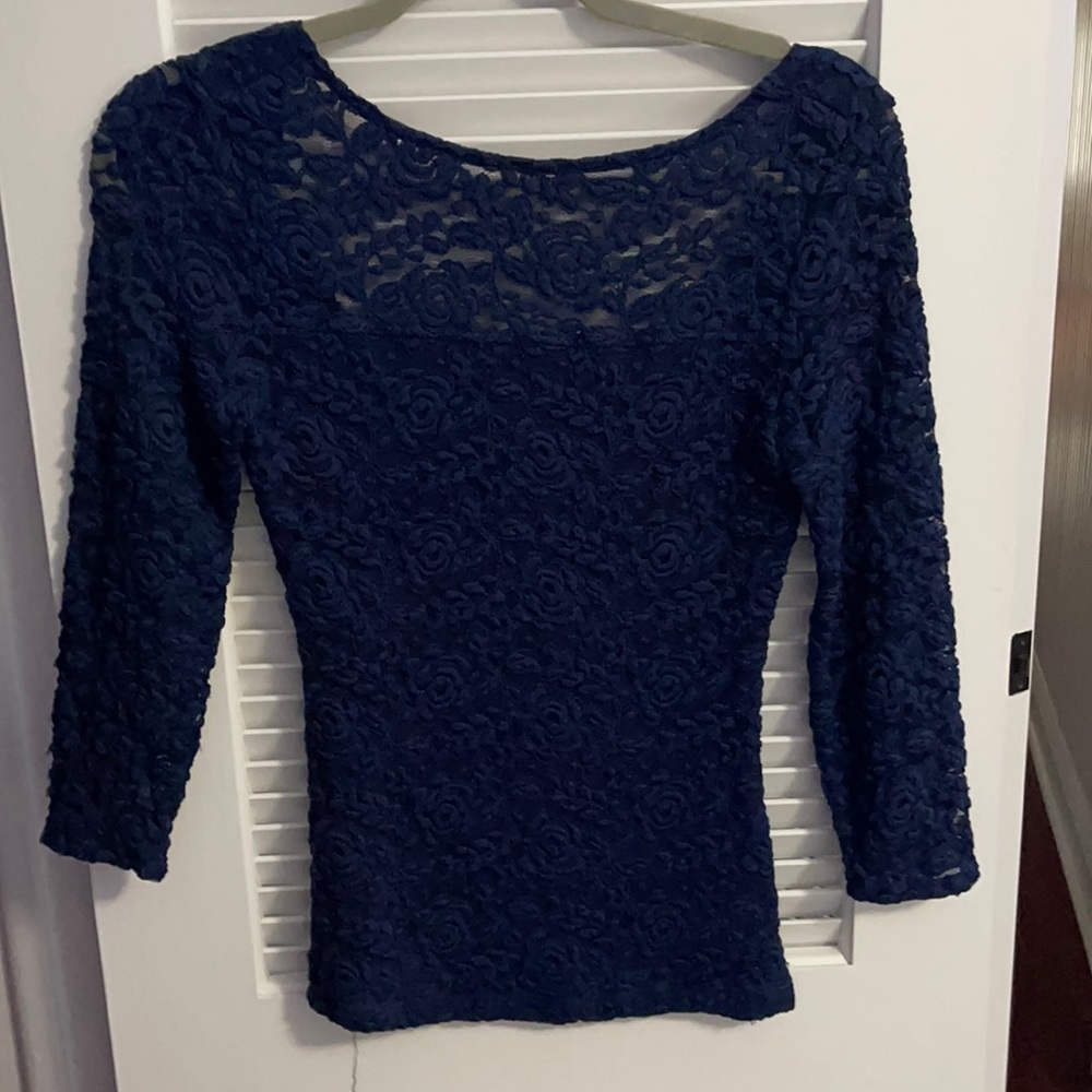 Bebe navy lace lined small top, 3/4 sleeves. Super sexy!